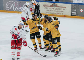 3 Honka Anttoni, 4 Hazen Jonathan, 8 Devos Philip-Michaël, But, C.G Photographie, Club National League, Colin Girard, HCA, HCA Vs SCRJ, HCAjoie, Hockey Club Ajoie, Joueurs 1ERE, NL, National League, Porrentruy, RAIFFEISEN ARENA, Saison 2024-25, célébration, hockey