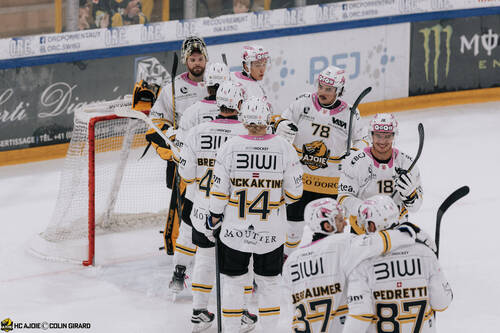 C.G Photographie, Colin Girard, Fin de match, GSHC, Genève Servette Hockey Club, Groupe, HCA, HCAjoie, Hockey Club Ajoie, Maillot Extérieur, Maillot blanc, Match amical, NL, National League, Porrentruy, RAIFFEISEN ARENA, Saison 2024-25, complicité, hockey
