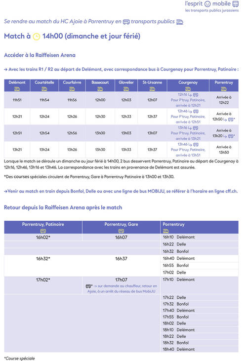 horaires des transports pour se rendre au match du HC Ajoie à la Raiffeisen Arena lorsqu'il débute à 14h00