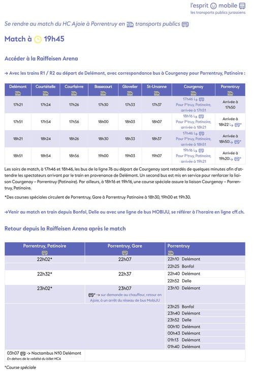 horaires des transports pour se rendre au match du HC Ajoie à la Raiffeisen Arena lorsqu'il débute à 19h45
