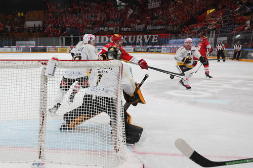 Sandro Zangger (SCRJ) gegen Torhueter Tim Wolf (Ajoie) im Spiel der National League zwischen den SC Rapperswil-Jona Lakers und den HC Ajoie, am Samstag, 30. September 2023, in der St. Galler Kantonalbank Arena Rapperswil-Jona. (Thomas Oswald)